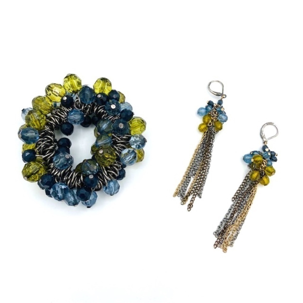 Blue Green Beaded Bracelet and Earring Set with Silver Chain Dangle Earrings